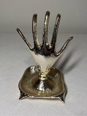 vintage 1970s gold-toned metal hand ring holder and tray. Jewelry holder